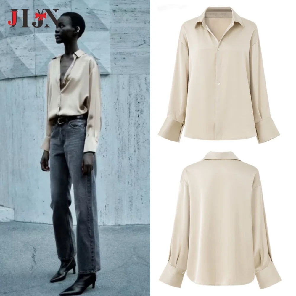 JHJN Smooth Women Models Shirt Simple All Season Turn-Down Collar Tops Long Sleeve Shirts Office Lady Blouse Solid Overshirt