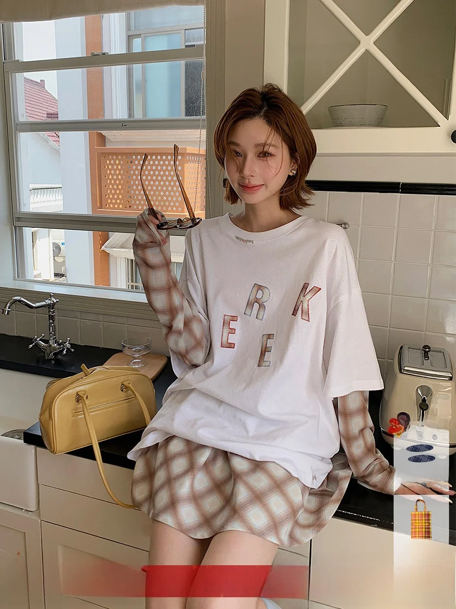 

Brand Patchwork Long Sve T-irt DEARSOCUTE Handpied Store Casual Commute Sle round Ne Cotton Hanmaeng Blend