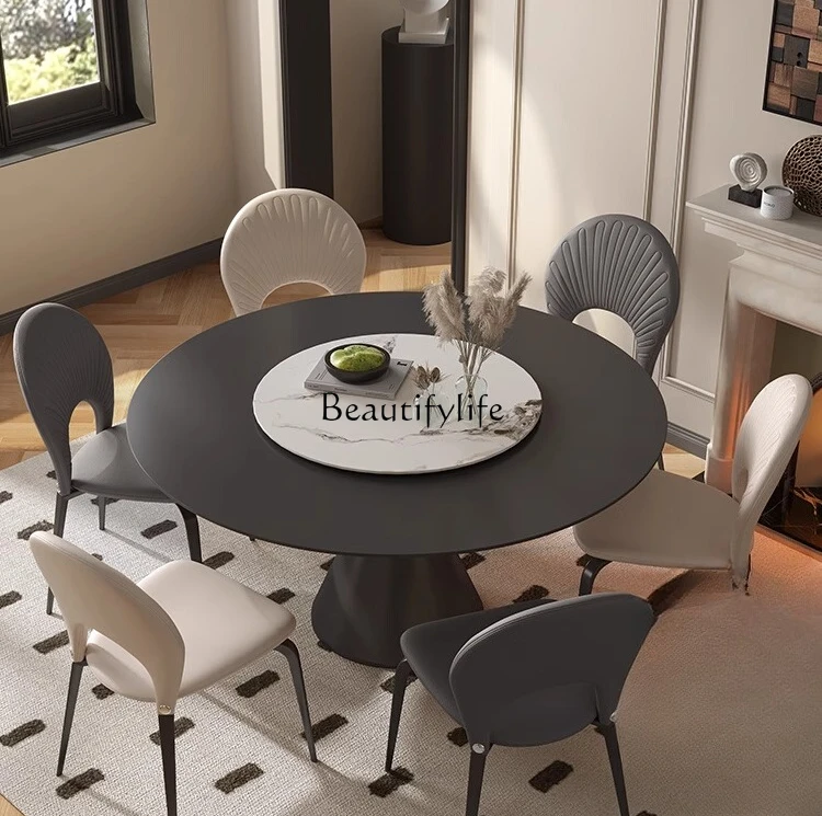 Italian dining table and chairs Modern simple small apartment with turntable Light luxury matte rock slab dining table