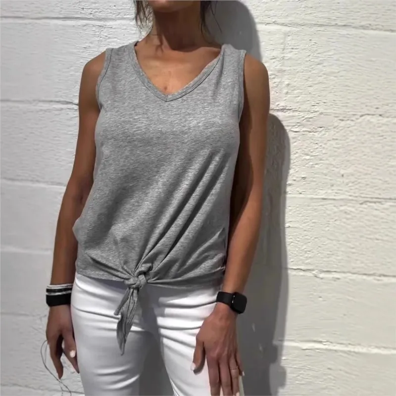 Women's casual sleeveless grey T-shirt Lace-up V-neck Solid Sports Night Run Summer Vest Home New Casual T-shirt Top Undershirt