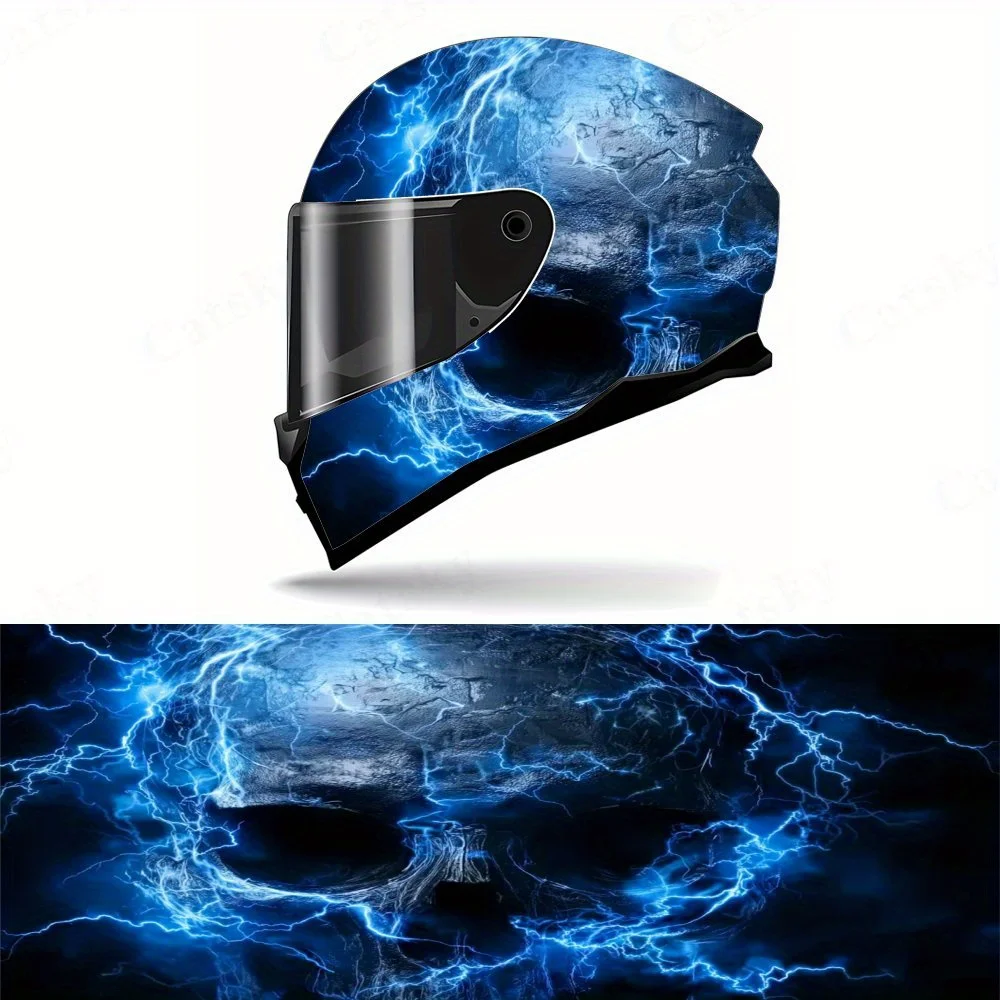 

Blue Lightning Skull Full Face Helmet Vinyl Sticker-Durable PVC Art Sticker, Suitable For Motorcycle Racing Helmets, Helmet Acce