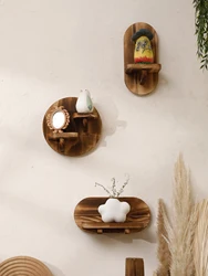 1/2-tier Wooden Shelves Oval Charcoal Color Floating Wall Shelf Display Stand Boho Home Decor Ledge Storage Rack for Living Room