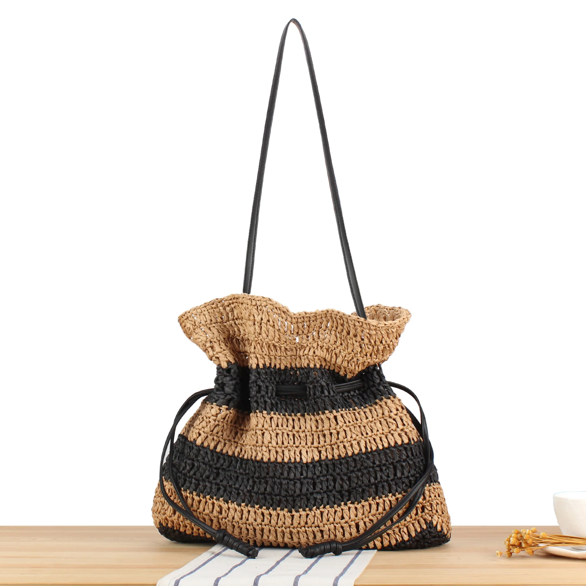 

Summer Striped Drawstring Straw Bags for Women Fashion Woven Beach Bag Vacation Travel Shoulder Crossbody Bag Knitting Shopper