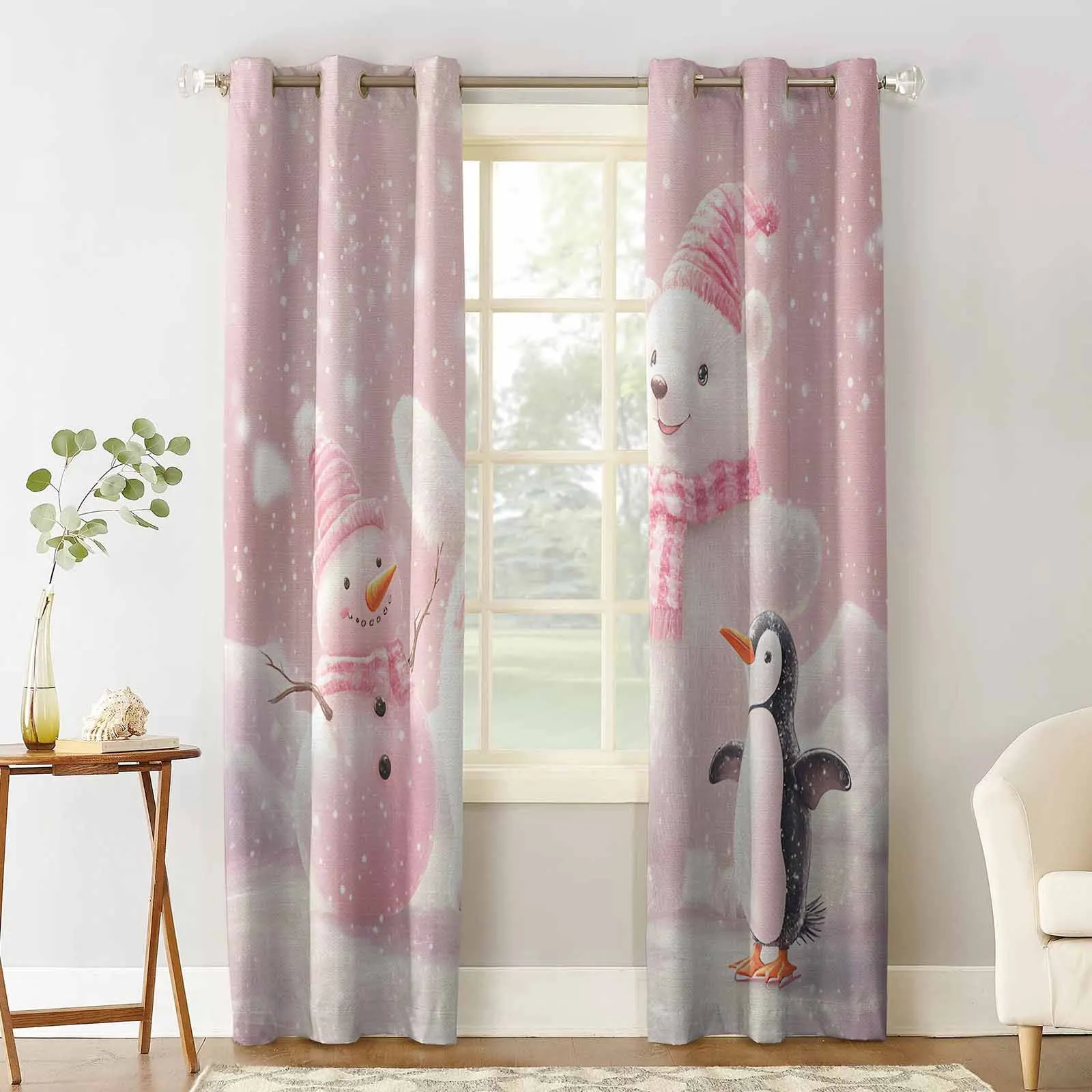 Christmas Pink White Bear Penguin Curtains For Kitchen Bedroom Window Treatment Curtains For Living Room Home Decor