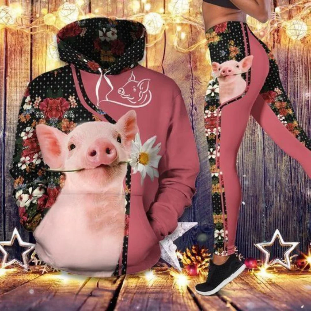 2025 New Personalized Street Fashion 3D Printing Cute Pig Sweater Set - Hoodies - Funny Fashion Sweatshirts Leggings Sexy Outfit