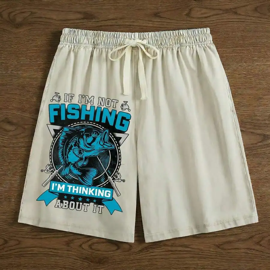 

Mens Loose Cotton Shorts With Vintage Washed Finish And Fishing Motif Print For Summer Casual Wear