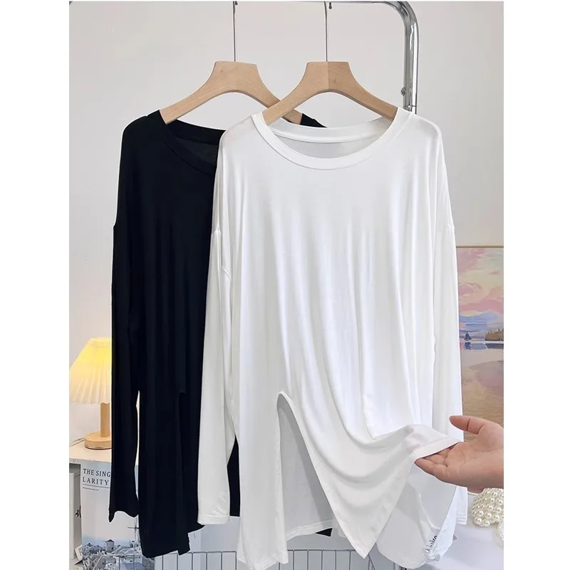

plus Size Women's Long Sleeve Modal T-Shirt Mid-Length Split Design Autumn Base Layer Trendy Top Comfortable Cotton Blend