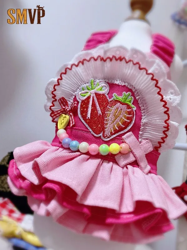 sweet-pink-pet-denim-suspender-dress-strawberry-patchwork-lace-trim-color-bead-ornament-summer-handmade-outfit-pet-clothes
