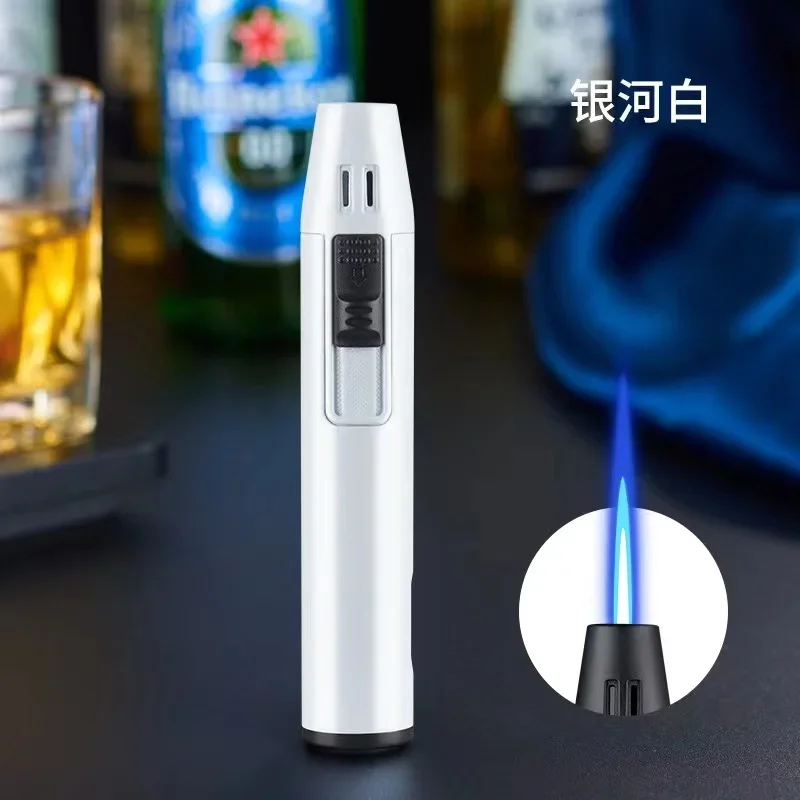 

New Pen Metal Lighter Mini Spray Gun Inflatable Windproof Butane Gas Lighter Adjustable Straight Shot Blue Flame Cigarette Tools