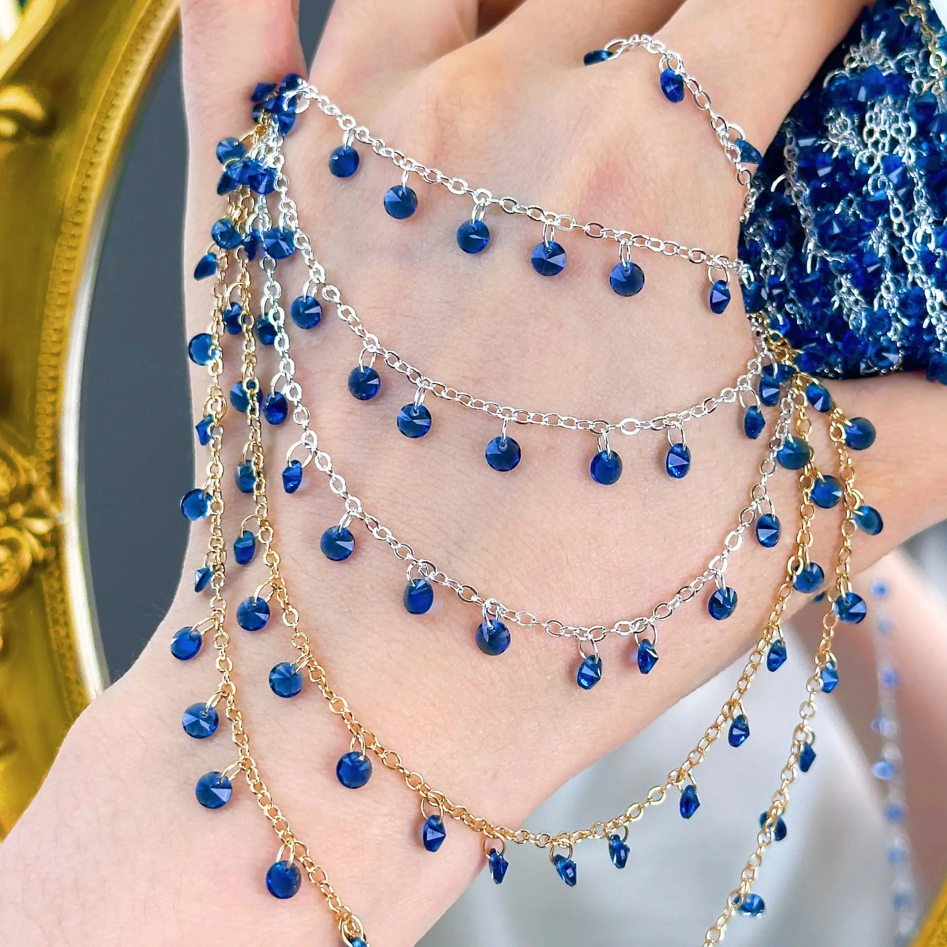 

0.5/1/2Meters Bohemian Layered Blue Crystal Tassel Chains Tone Zircon Drop Beaded Chains For DIY Hand Jewelry Making Wholesale