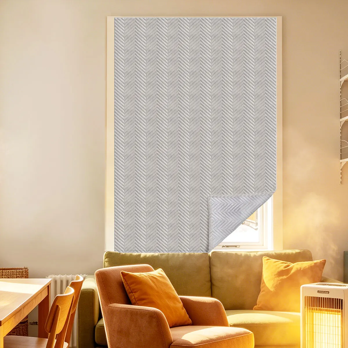 Herringbone Quilted Self Adhesive Curtain 1pc, No Drill Thermal Blackout Window Blind for Bedroom
