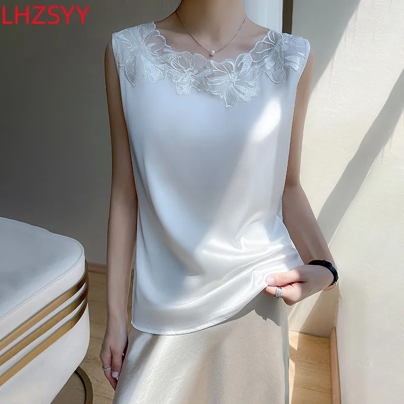 LHZSYY 2024 Lace O-neck Silk Camisole Women Wear Large size Satin Bottoming Shirt Summer Vest Sleeveless Top in Suit Waistcoat