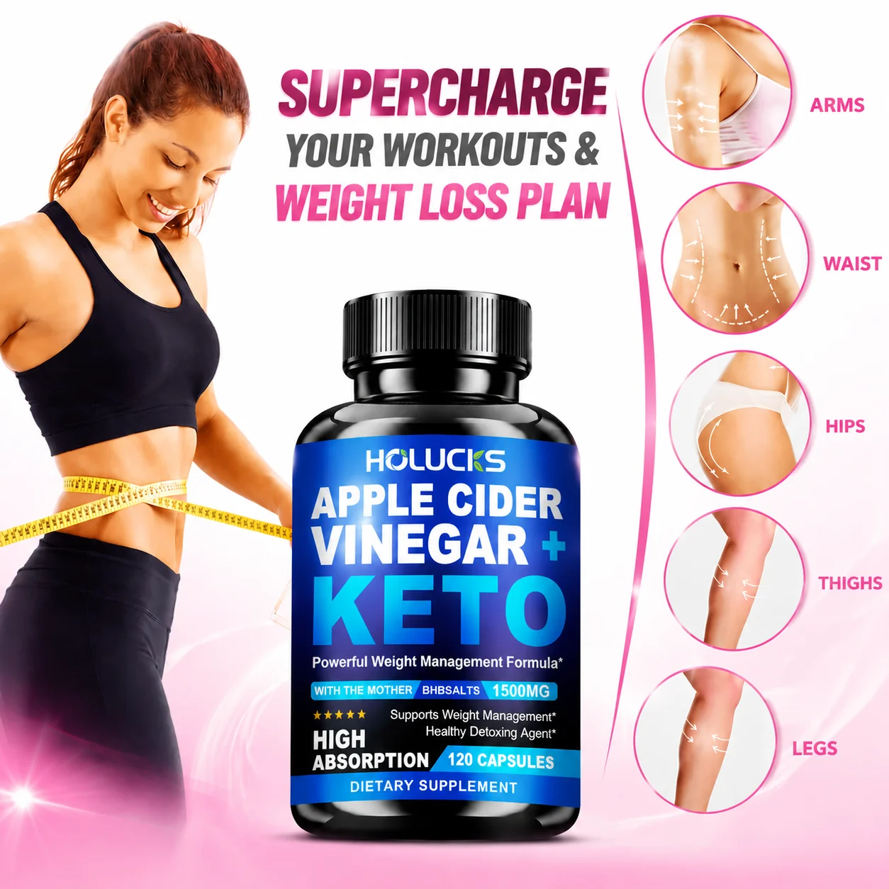 Beauty Support Apple Cider Vinegar Keto Supplement, with BHB Salts, Support Digestion, Ease Bloating, Gut Health, Nourish Hair