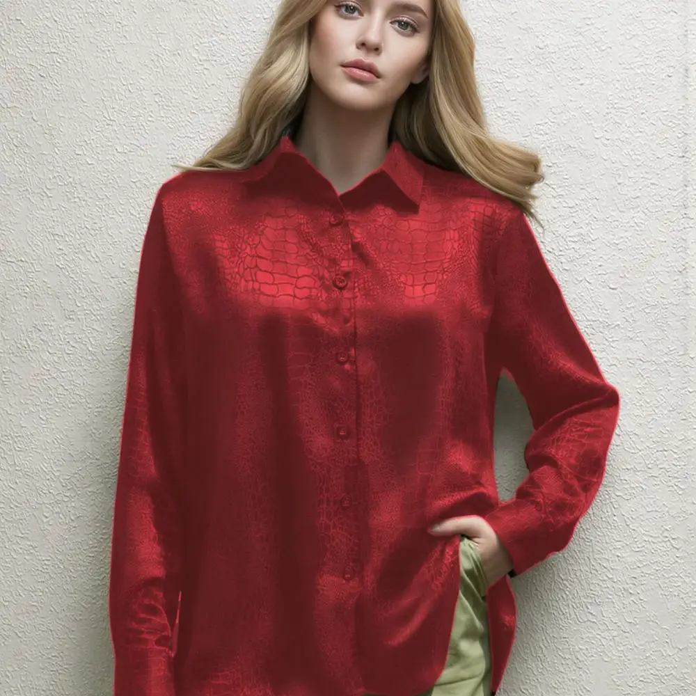Casual Women Satin Jacquard Blouse Long Sleeve Loose Shirt Elegant OL Office Wear Button Up Solid Color Work Top