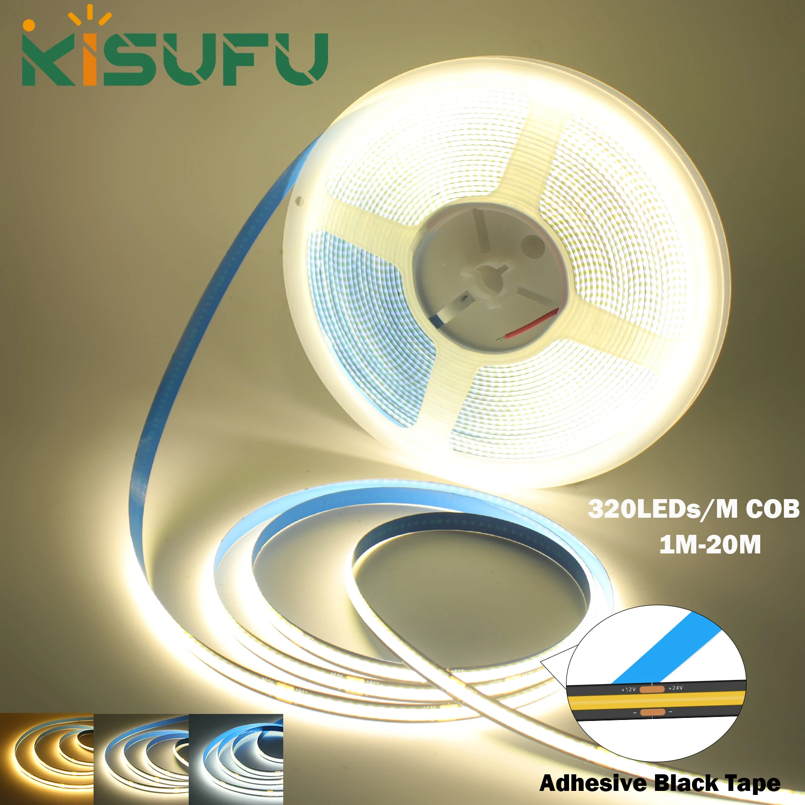 

New 8mm FOB LED Strip Lights DC12V 24V 320LEDs/M 3000K 4500K 6000K Dimmable Linear Lighting for Car Bar Home Kitchen 5M 10M 20M