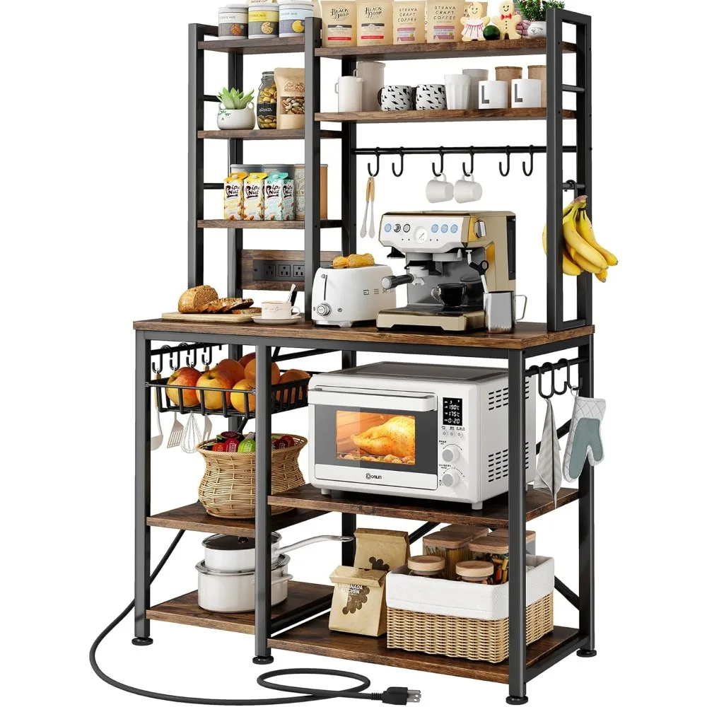 

Microwave Storage Stand with Power Outlet and Large Coffee Bar Station Featuring 14 Hooks