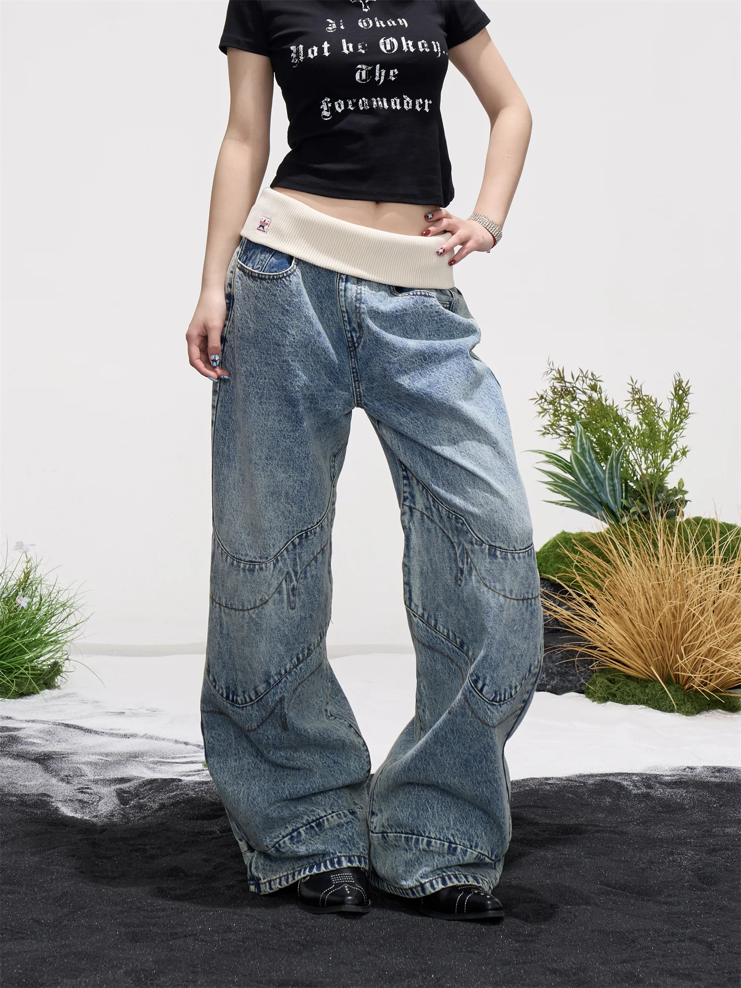 ONLPP American Retro Design Ruffle Waist Denim Jeans Women's Washed Loose Straight Floor-Length Pants Vintage Style