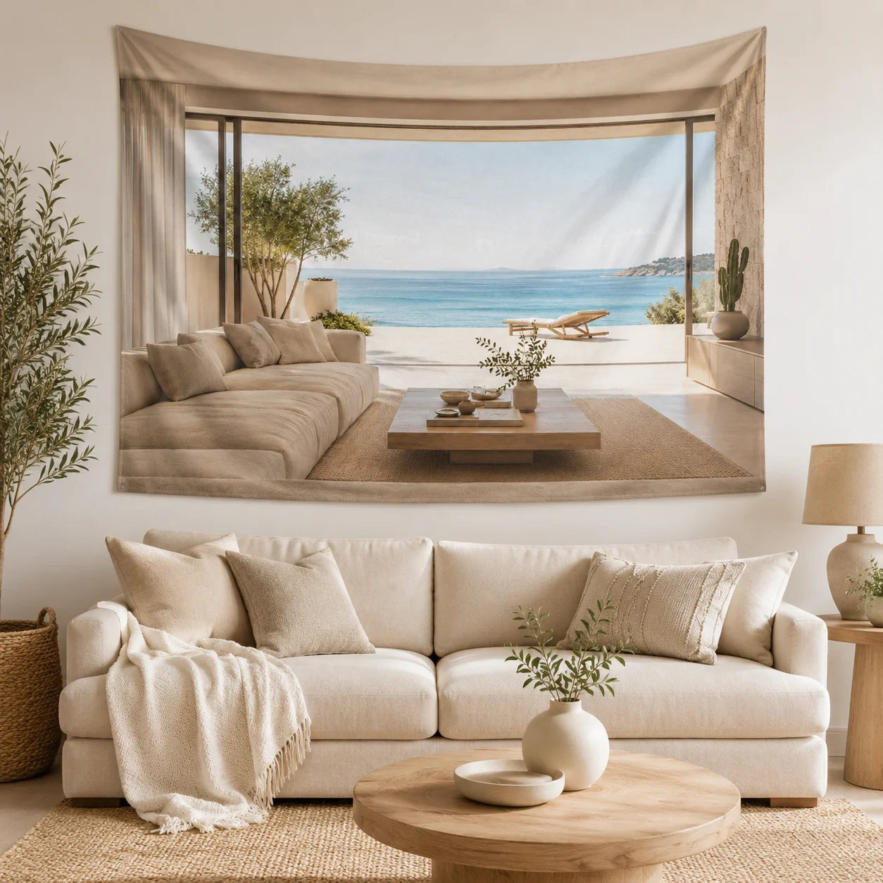 Fake Window Sea View Tapestry, Neutral Coastal Living Room Ocean Landscape Wall Hanging, Boho Aesthetic Bedroom Wall Decor