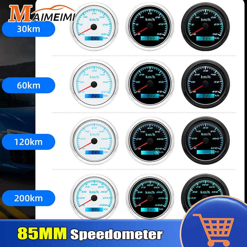 85mm Speedometer Odometer Gauge with 7 Colors Backlight 30/60/120/200km Speed Meter Pulse signal for Car Boat Marine 12V 24V