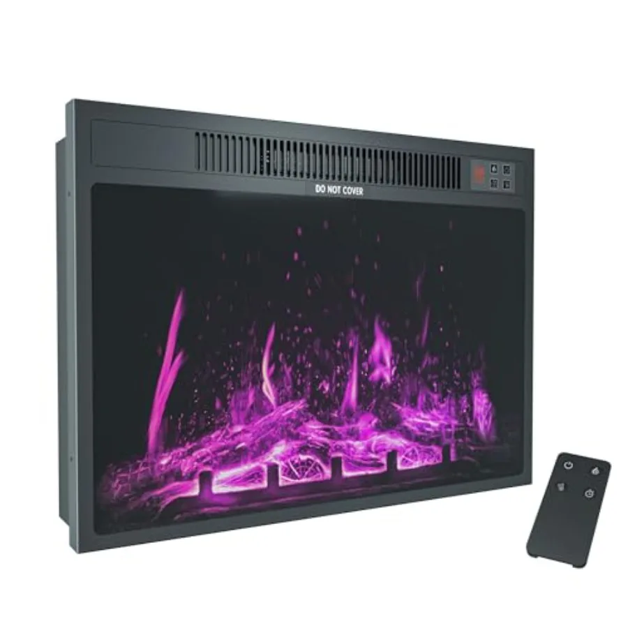 24'' Electric Fireplace Insert with Remote Control Timer 750/1500W 3D Adjustable Flame Modern Black Finish Energy-Efficient Hea