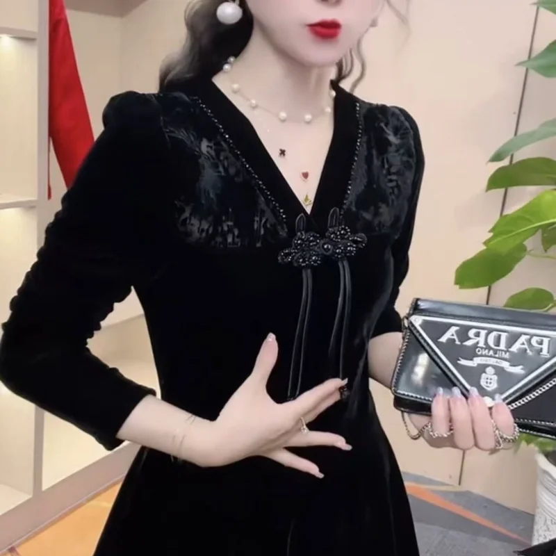 

New Gold Velvet Top with Long Sleeves Fashionable National Style Slim National Elastic