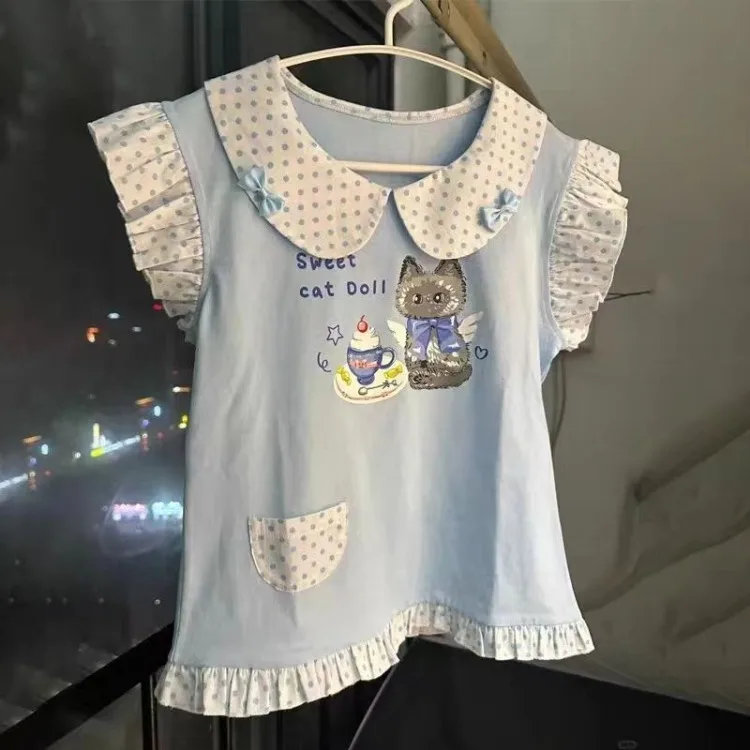 

Harajuku, топы с милым котом и принтом, Mujer, модная милая футболка с матросским воротником, новинка лета 2025, футболка с летающими рукавами для женщин