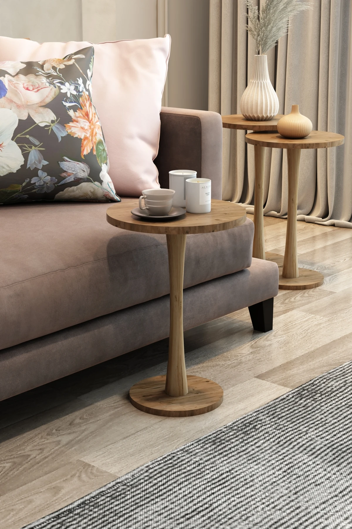 Hourglass 3-Piece Nesting Coffee Table Round Hornbeam Leg Wooden Nesting Coffee Table Oval Leg