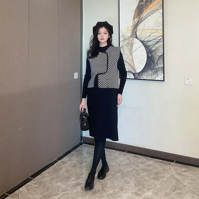 Pregnant Women's Slim Dresses+Small Vest Autumn New Fashion Light Luxury Maternity Dress O-Neck Elegant Commuter Maternal Wear