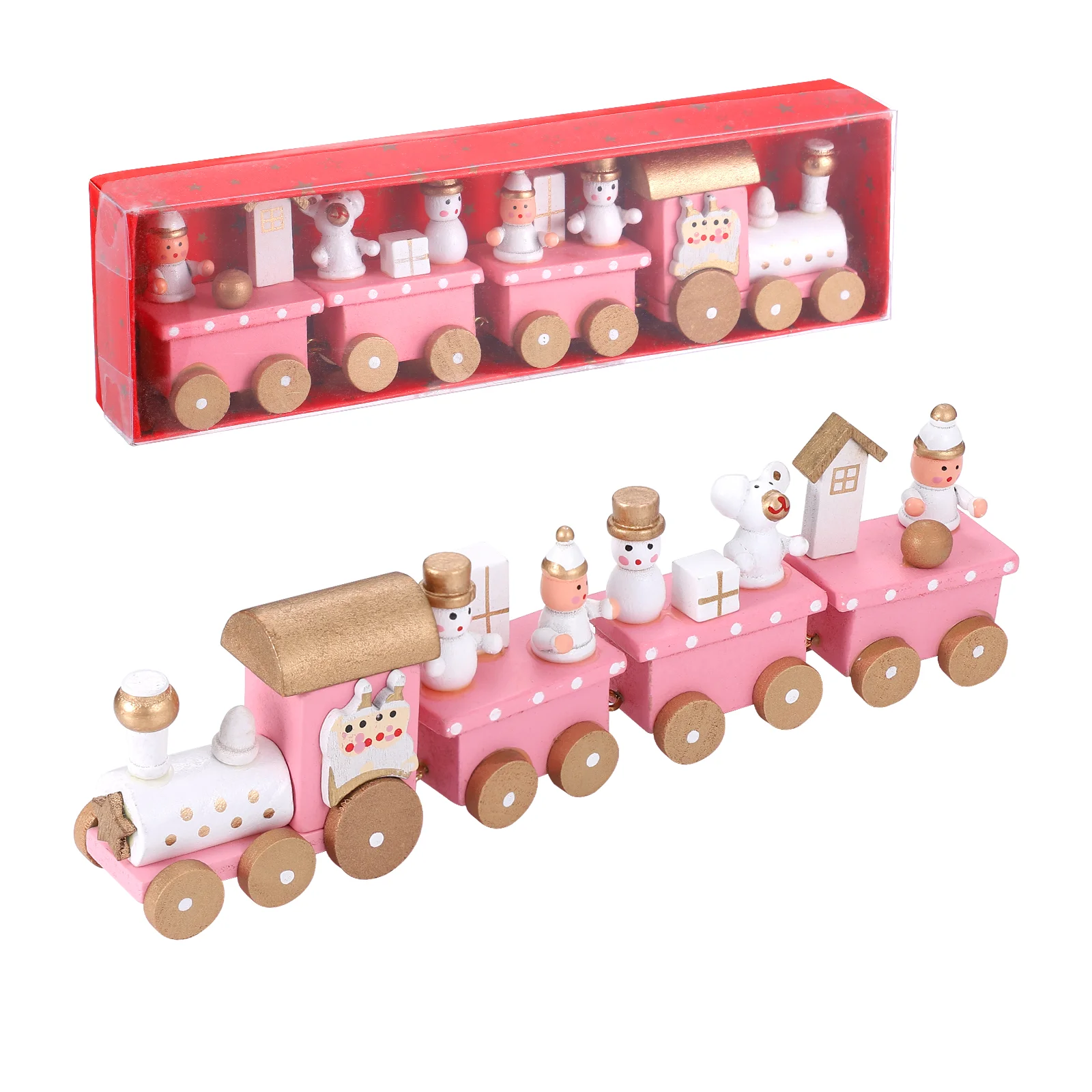 NUOBESTY 4-section Train Toy Christmas Theme Wooden Train Desktop Mini Train Christmas Train Xmas Train