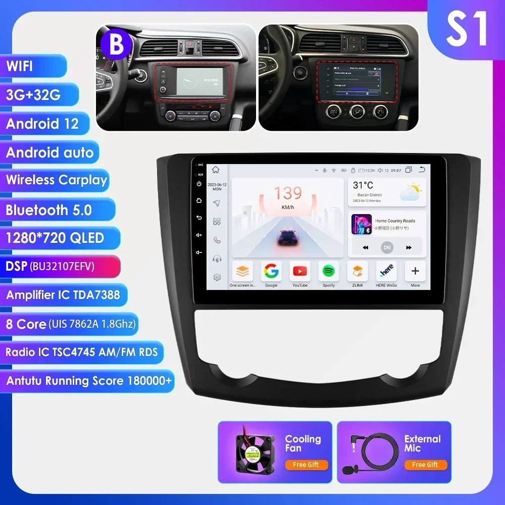 Android 9 Inch Carplay voor RENAULT KADJAR 2015 - 2019 autoradio multimediacenter Bluetooth 4G Wifi achteruitrijcamera touchscreen