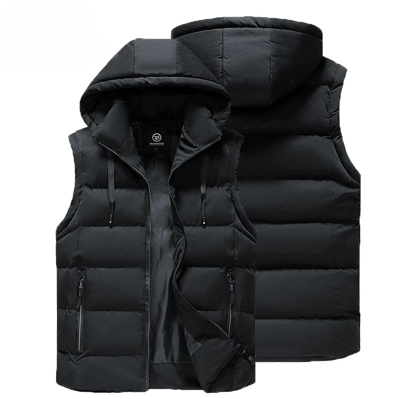 Men Autumn Sleeveless Outdoors Casual Solid Warm Vest Men Winter Detachable Hooded Fleece Pocket Zipper Fashion Vest Male Coat