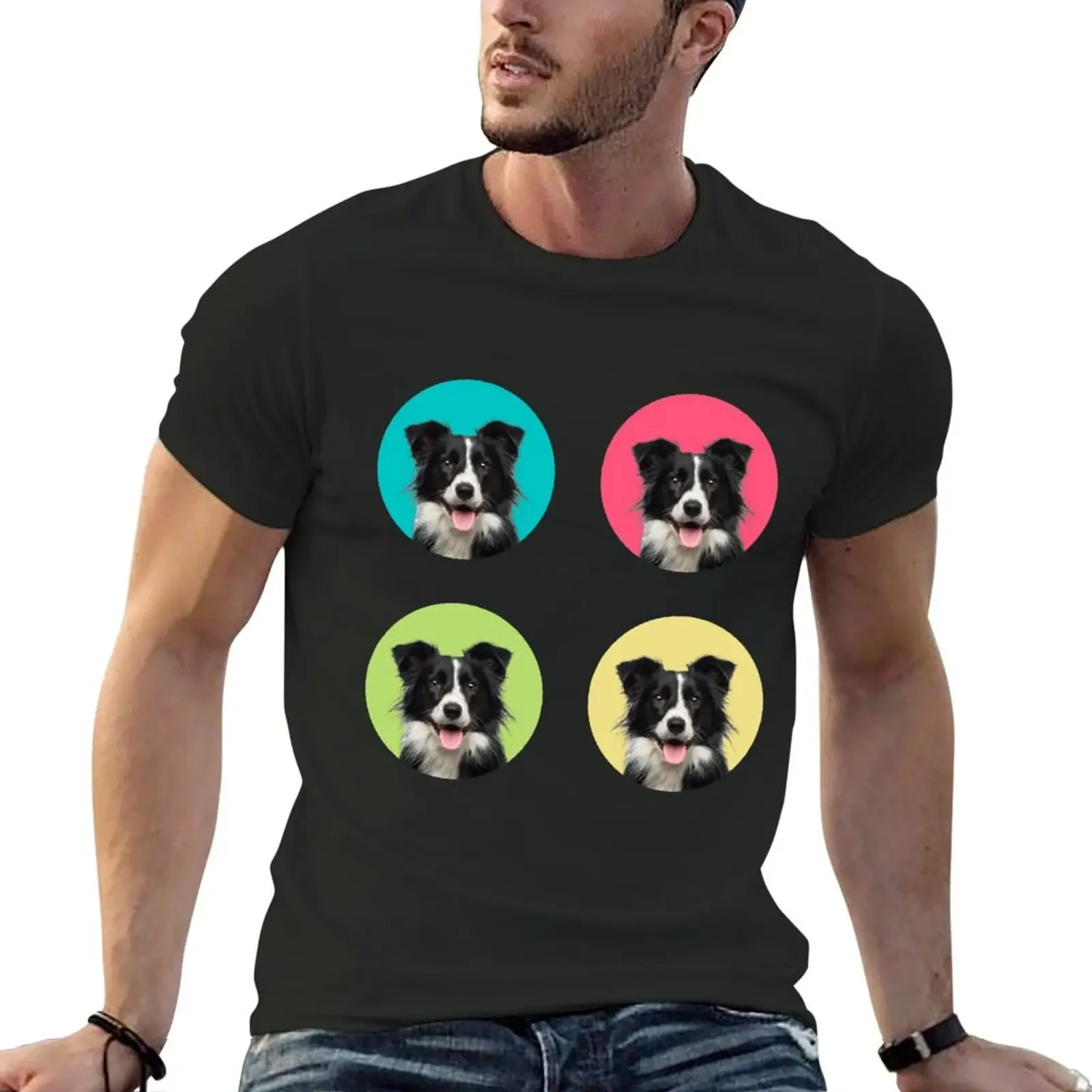 cute border collie dog color funny border collie face gift T-Shirt graphic tee shirt summer clothes Short sleeve tee men