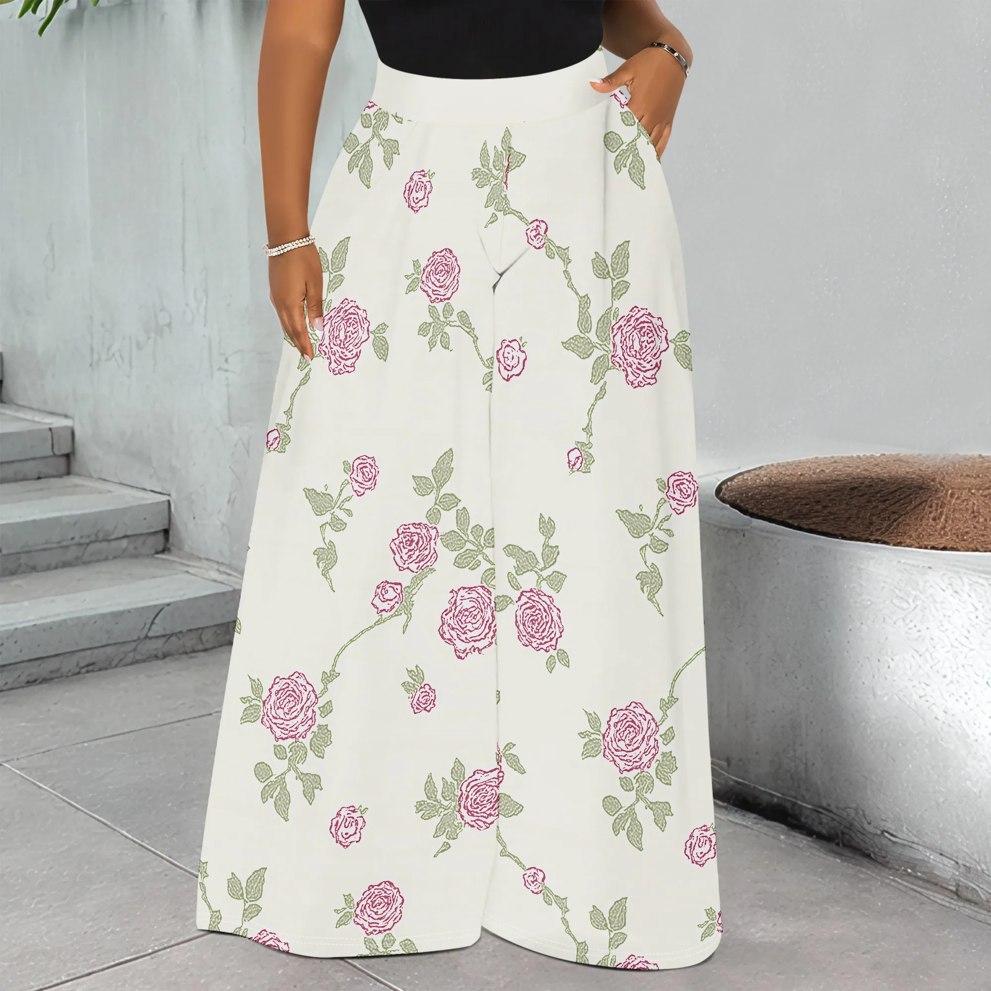 

Floral Print Wide Leg Pants, Pink Rose Pattern Trousers, High Waist Pocket Palazzo, Women Casual Beach Summer Wear, S-2XL