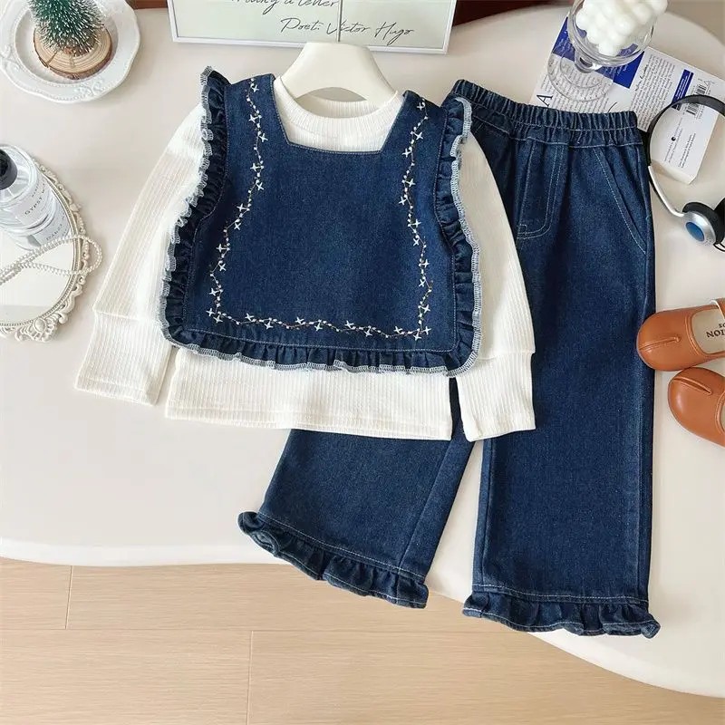 

Embroidered flower Spring Autumn Childent Girls Jean waistcoat Vest Waistcoat+Sweater+Pants 3Pcs Suits Party Fashion Clothes