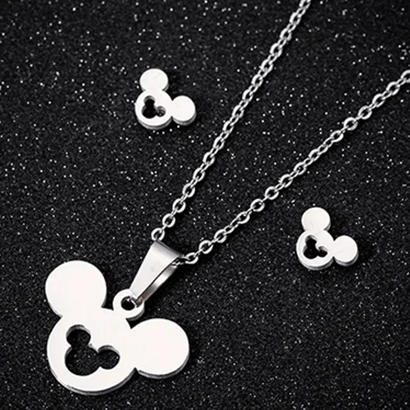 2 pezzi moda topolino torta ciondolo collana orecchini set per le donne testa di topo animale oro argento colore gioielli regalo amante