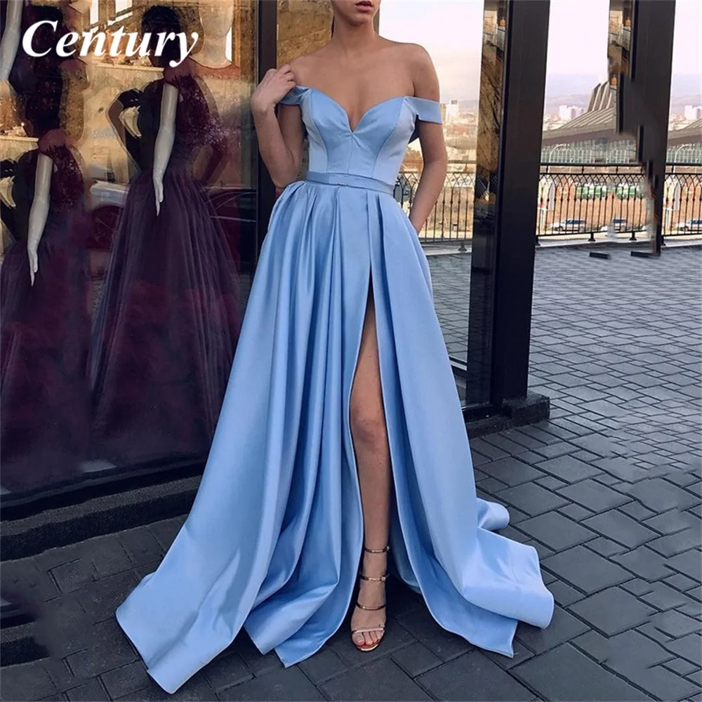 Century A-Line Off The Shoulder Prom Gowns Light Sky Blue Celebrity Dresses Ruffles Satin Brush Train Prom Dresses حزب فساتين