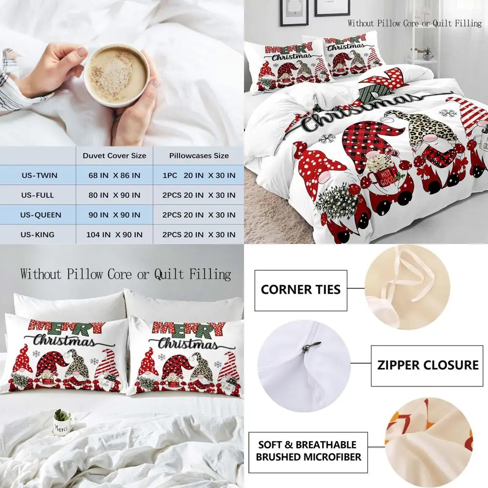 

Queen Size Gnome & Snowflake Holiday Duvet Cover Set with Red Buffalo Stripes & Leopard Print, Includes 2 Pillow Shams