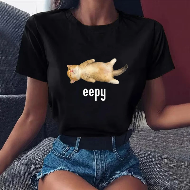 

Eepy Cat Print Women T-shirt Casual Summer Trendy Tops Crew Neck T Shirt Comfort Street Style T Shirt Must-have Fashion Clothes
