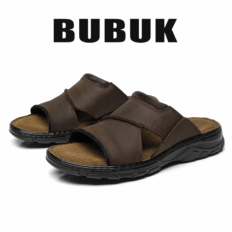 Bubuk メンズ本革スリッポンスリッパ、第一層牛革ビーチサンダル、カジュアルメンズシューズ、アーチサポート補正、屋内外着用に適しています