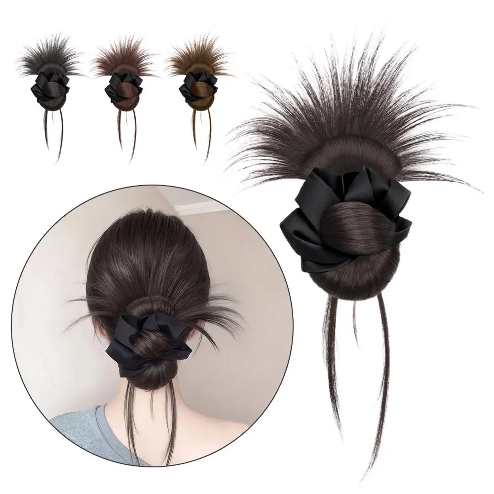 

Chicken Feather Ball Hair Bun Wig Messy Synthetic Hair Clip Natural Looking Scrunchie with Bow Easy Install Hairpiece for Women