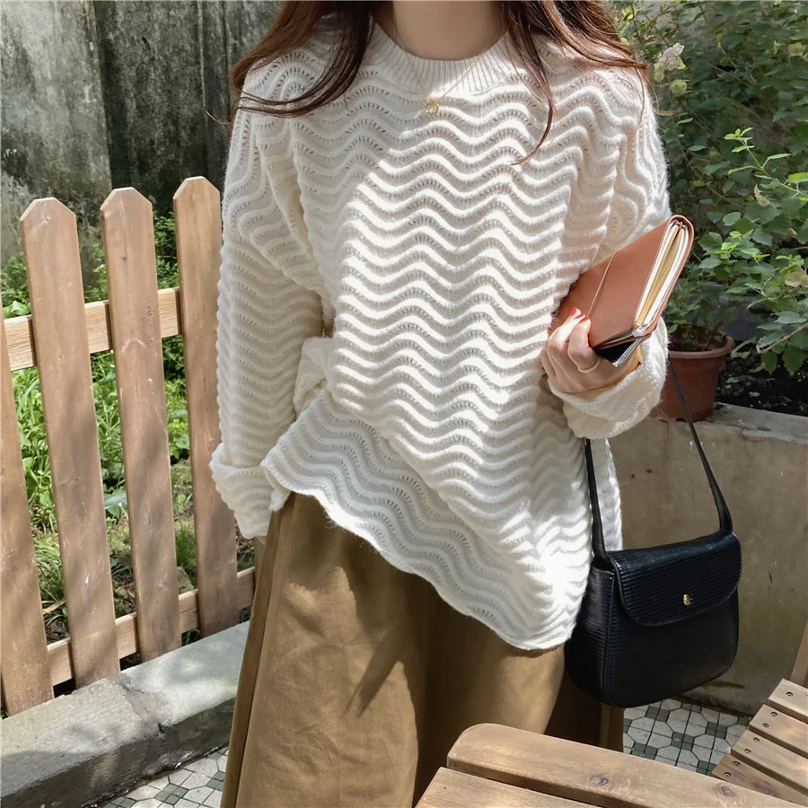 

Thiened Loose Casual Women's Sweater Pure Color 3D Wave Pattern Sweet Sle Long Sve round Ne Pullover Autumn Spring