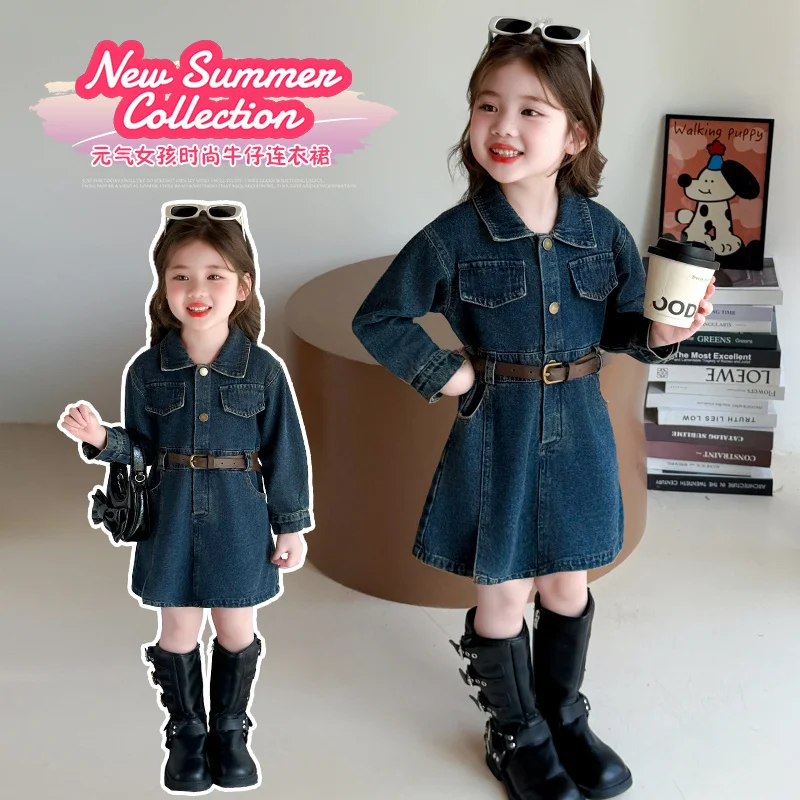 Girls Denim Long Sleeved Dress Spring Autumn 2025 New Children's Korean Version Fashion Little Kids Casual Top Trend