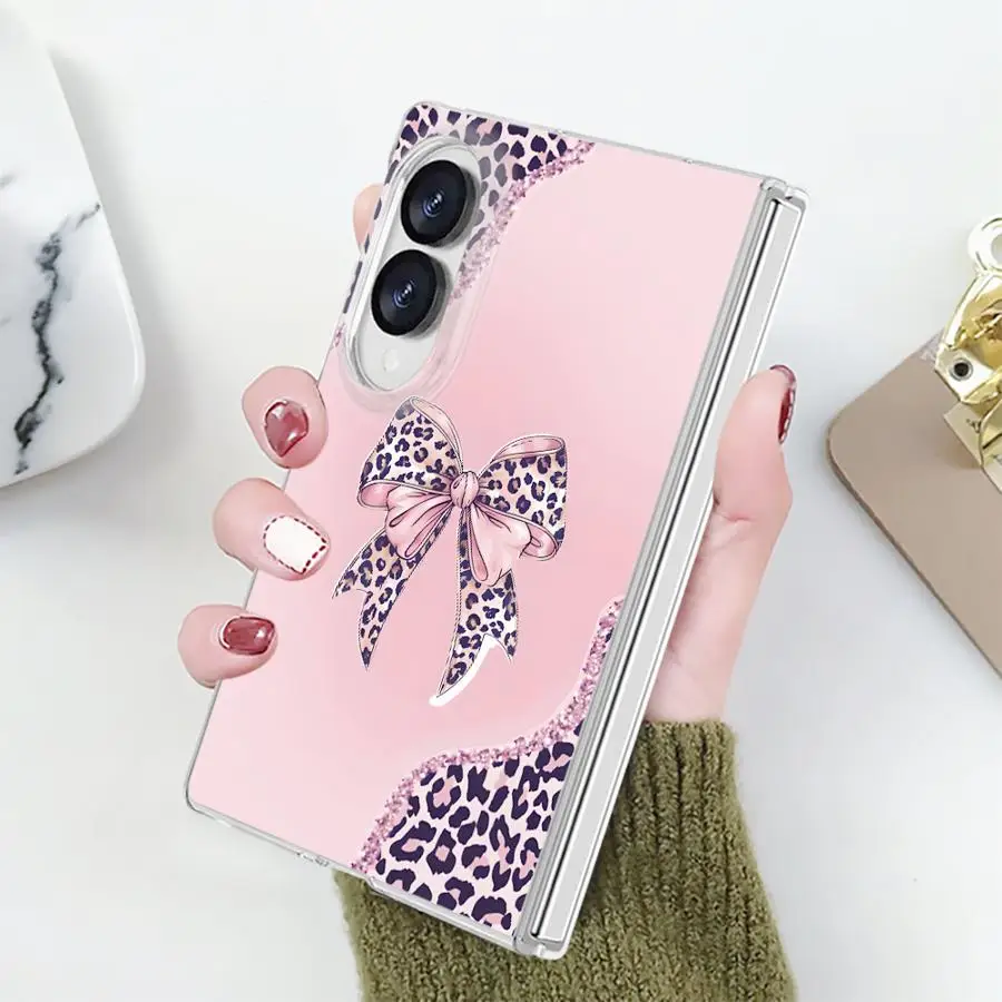 Leopard Print Spliced Bow Case for Samsung Galaxy Z Fold 8 ZFold 8 PC Hard Luxury ZFold8 Transparent Phone Cover
