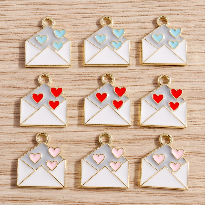 10pcs 14x16mm Cute Enamel Love Heart Envelope Charms Pendants for Jewelry Making Earrings Necklaces DIY Handmade Craft Supplies