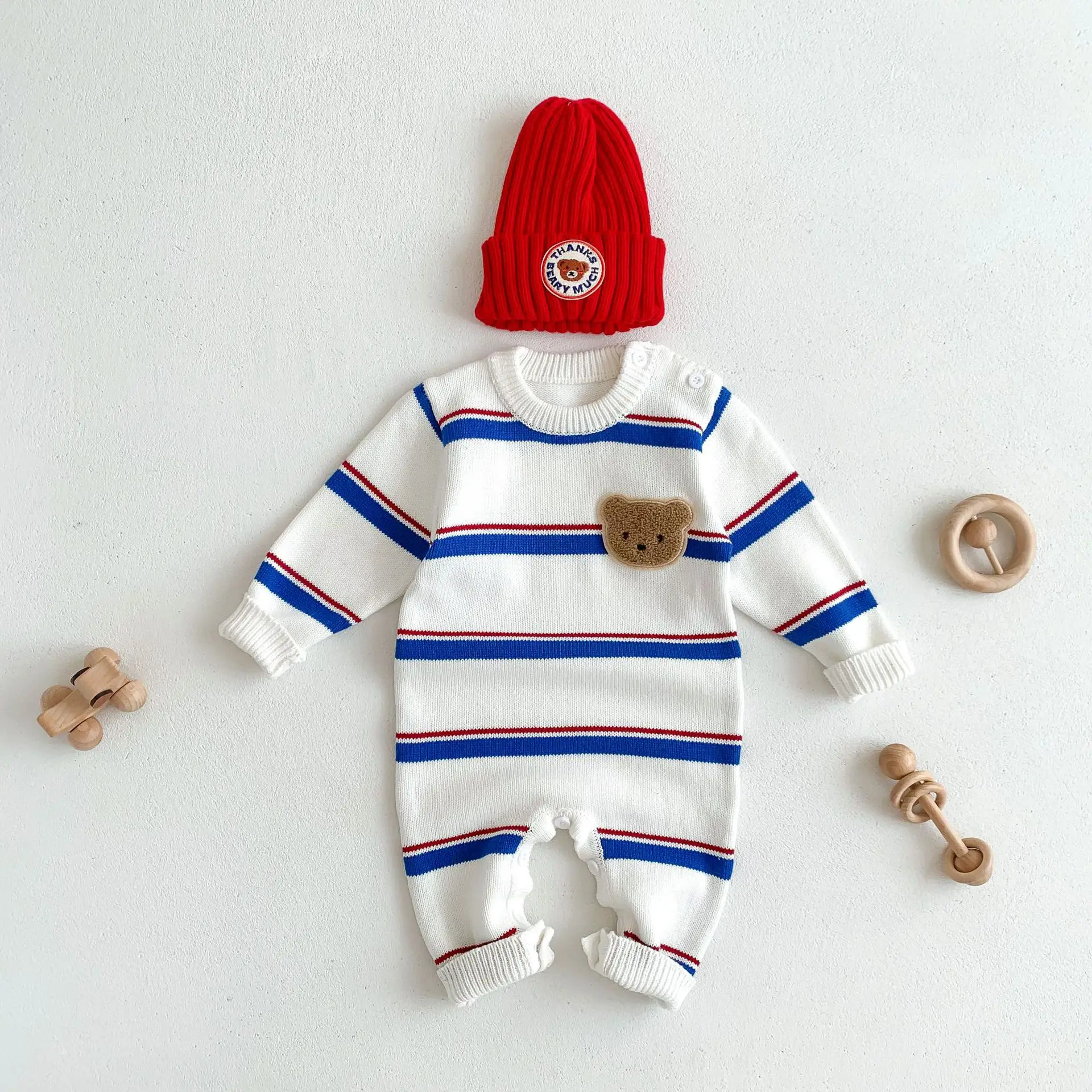 2024 Ins Korean Spring Autumn Infant Boys Bodysuit Long Sleeve Knitted Sweater Striped Romper Simple Pullover Baby Boys Jumpsuit