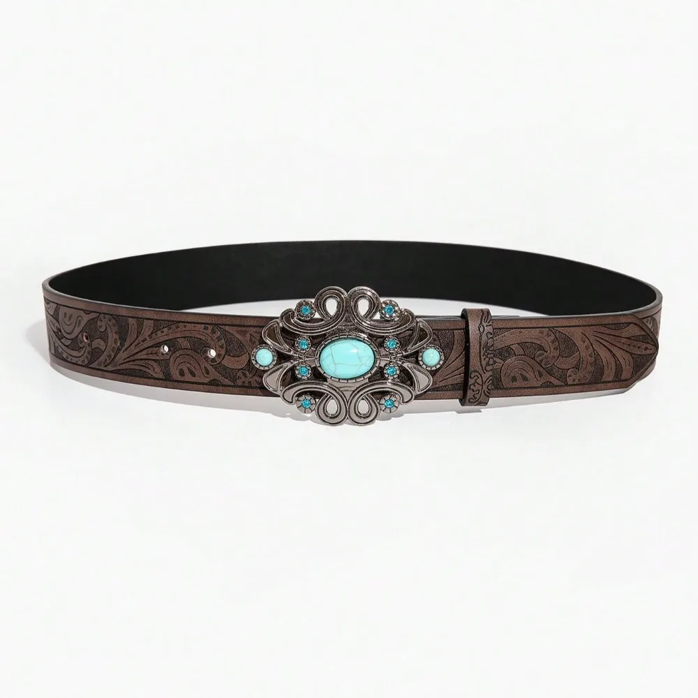 1 Piece Women's Coffee Colored Palace Style Buckle with Embossed Pattern Road Belt