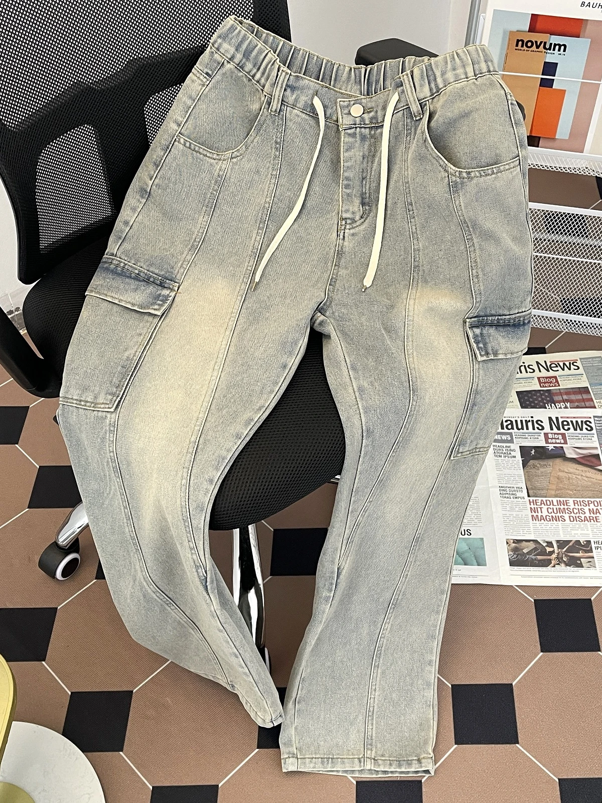 

Мужские джинсы прямого кроя в стиле ретро, осенне-зимние, свободные, широкие, длинные брюки с множеством карманов, рабочая одежда, повседневные молодежные джинсы из денима