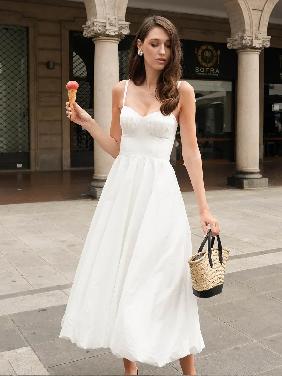 "Pure cotton camisole balloon sleeve sleeveless dress summer waist-binding bubble big-flared skirt white women's clothing"