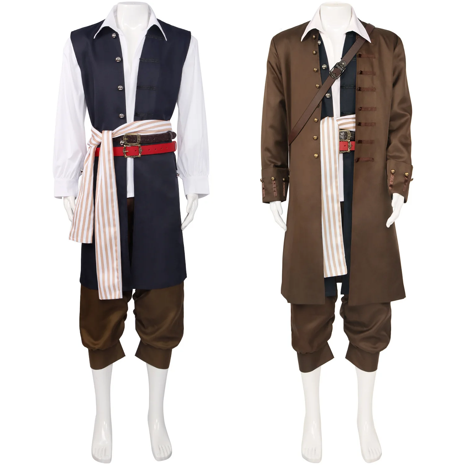 Men's Jack Sparrow Cosplay Jackie Captain Jacket Pants with Belt Sashes Pirate Costume Uniform Halloween Party Outfits Full Set