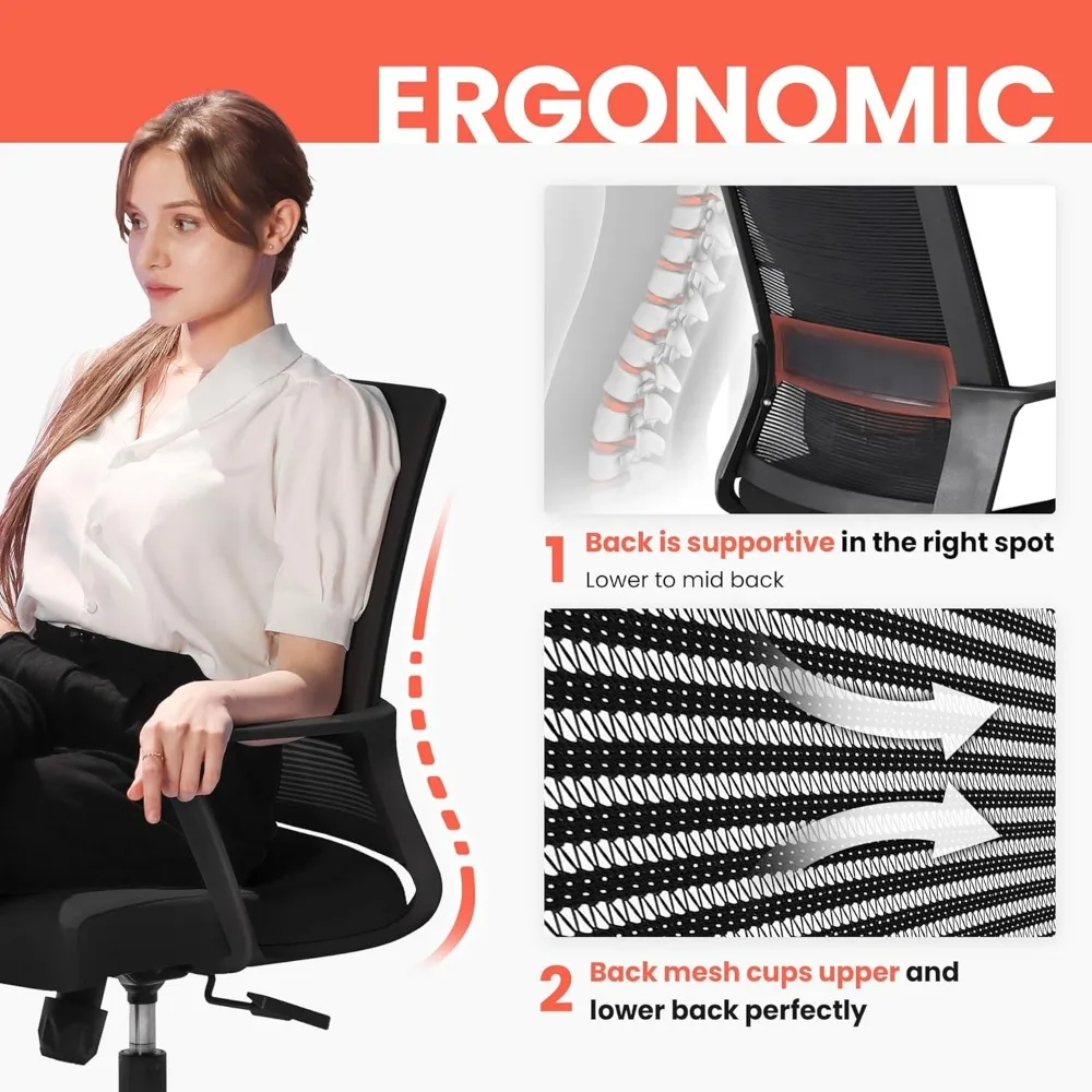 Office Chair Computer Chair Ergonomic Mid Back Mesh Cushion with Wheels Lumbar Support Comfy Swivel Adjustable Rolling Home